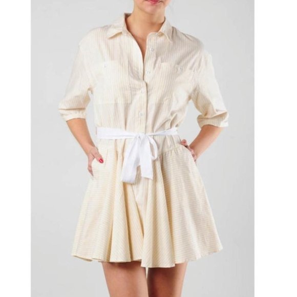 FREE PEOPLE Yellow Stripe with half sleeve Shirt Dress Size L